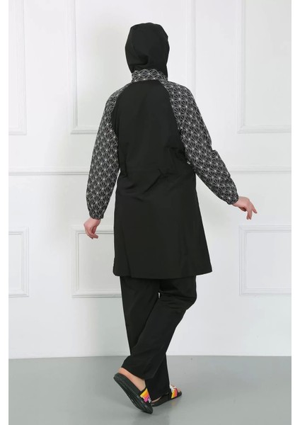 Büyük Beden Desenli Tesettür Mayo Siyah