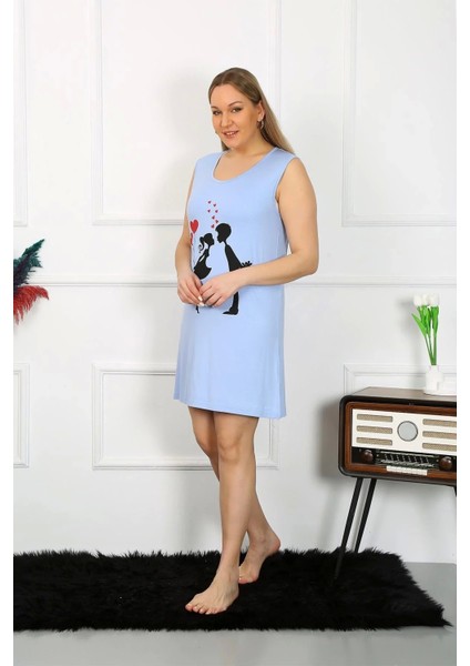 Kadın Büyük Beden Kalın Askılı Penye Diz Üstü Mavi Gecelik fiyatları