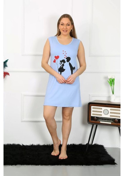 Kadın Büyük Beden Kalın Askılı Penye Diz Üstü Mavi Gecelik indirimleri