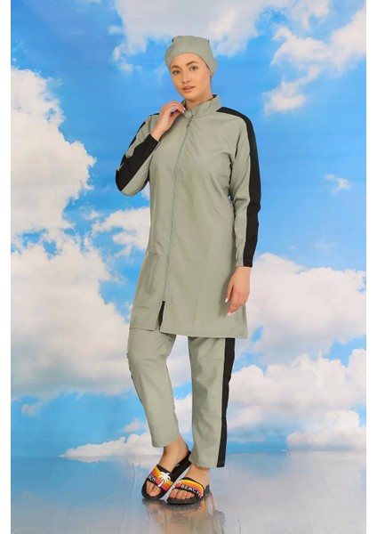 Kadın Pantolonlu Kolu Şeritli Tam Tesettür Mayo Su Yeşili