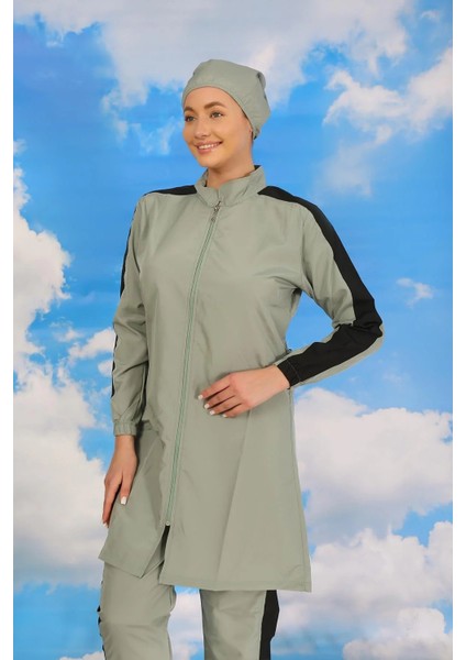 Kadın Pantolonlu Kolu Şeritli Tam Tesettür Mayo Su Yeşili modelleri