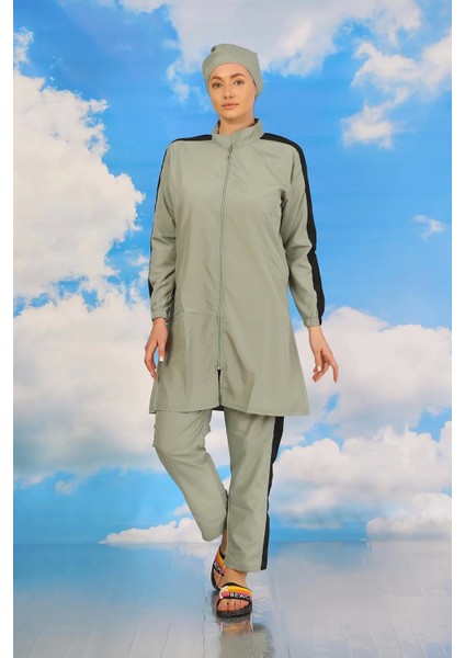 Kadın Pantolonlu Kolu Şeritli Tam Tesettür Mayo Su Yeşili