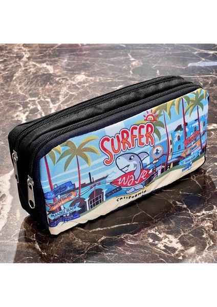 Deniz Desenli Çocuk Iki Bölmeli Kalemlik Siyah 21X11X6 cm