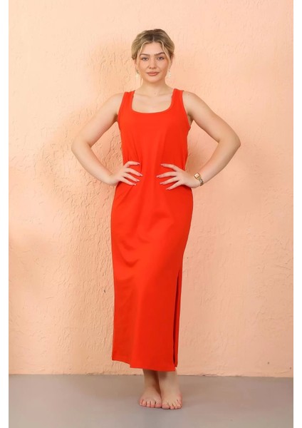 Kadın Kalın Askılı Yırtmaçlı Uzun Kırmızı Gecelik fiyatları