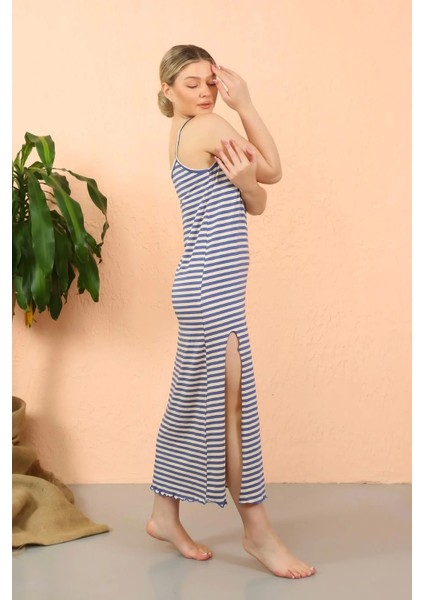 Kadın Ip Askılı Yırtmaçlı Uzun Mavi Gecelik indirimleri