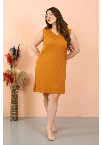 Kadın Büyük Beden Penye Kalın Askılı Hardal Gecelik fiyatları