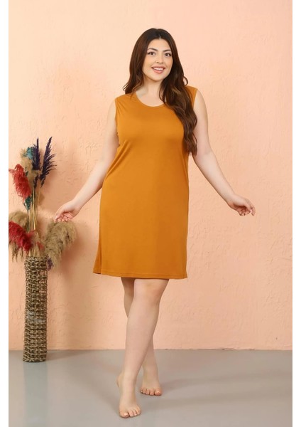 Kadın Büyük Beden Penye Kalın Askılı Hardal Gecelik modelleri