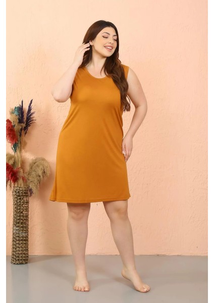 Kadın Büyük Beden Penye Kalın Askılı Hardal Gecelik fırsatları