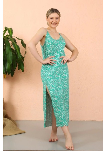 Kadın Ip Askılı Yırtmaçlı Uzun Yeşil Gecelik indirimleri