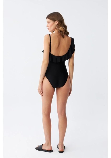 Kadın Tek Omuz Fırfırlı Mayo Siyah