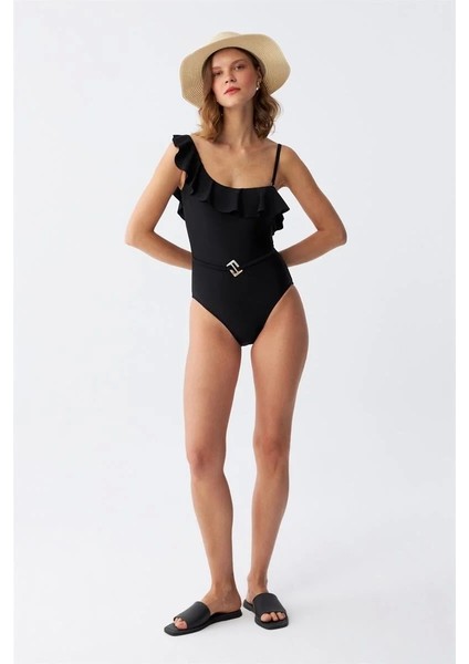 Kadın Tek Omuz Fırfırlı Mayo Siyah