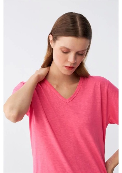 Kadın Kısa Kol Pamuk Penye Pijama Takım Fuşya