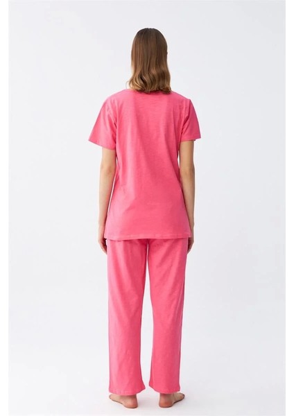 Kadın Kısa Kol Pamuk Penye Pijama Takım Fuşya