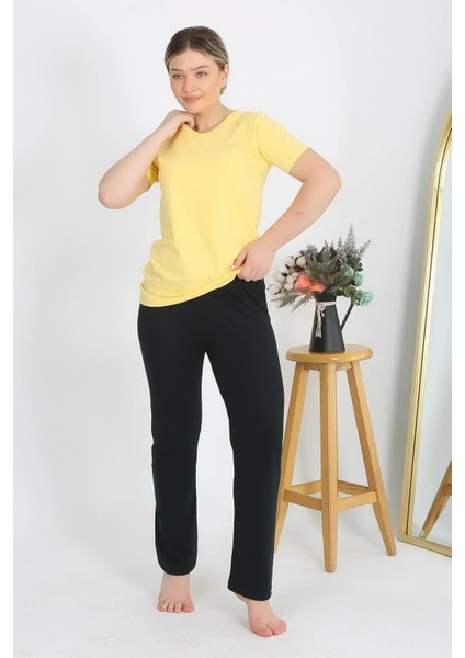 Kadın Kısa Kol Pamuk Penye Pijama Takım Sarı modelleri