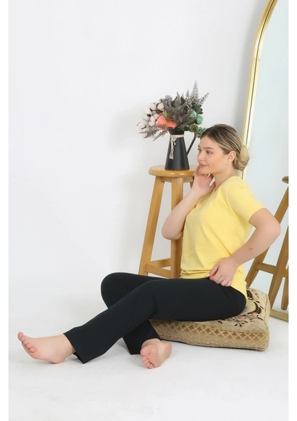 Kadın Kısa Kol Pamuk Penye Pijama Takım Sarı indirimleri