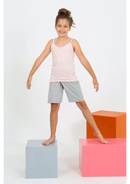 Kız Çocuk Ip Askılı Şortlu Penye Pembe Pijama Takım