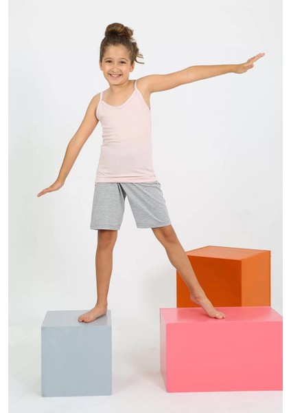 Kız Çocuk Ip Askılı Şortlu Penye Pembe Pijama Takım modelleri