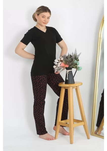 Kadın Kısa Kol Pamuk Penye Pijama Takım Siyah