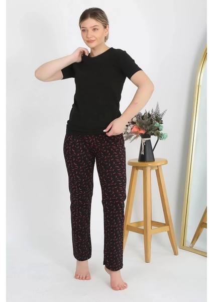 Kadın Kısa Kol Pamuk Penye Pijama Takım Siyah