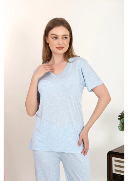 Kadın Kısa Kol Pamuk Penye Pijama Takım Mavi modelleri