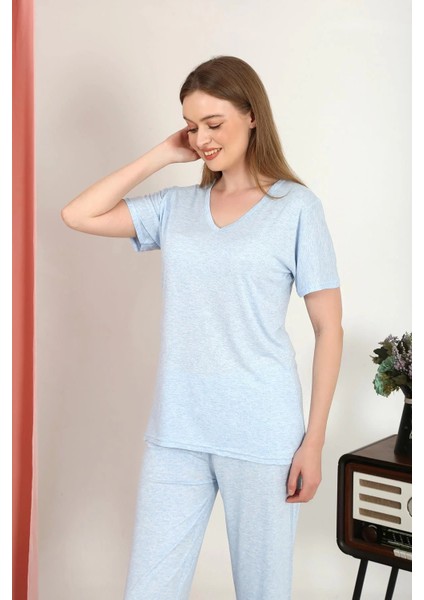 Kadın Kısa Kol Pamuk Penye Pijama Takım Mavi indirimleri