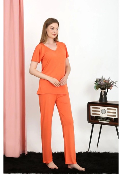 Kadın Kısa Kol Pamuk Penye Pijama Takım Turuncu