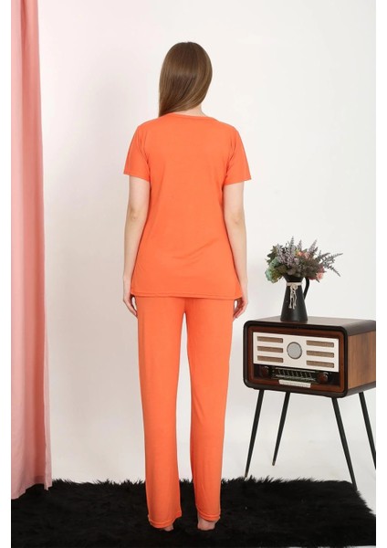 Kadın Kısa Kol Pamuk Penye Pijama Takım Turuncu fırsatları