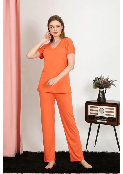 Kadın Kısa Kol Pamuk Penye Pijama Takım Turuncu