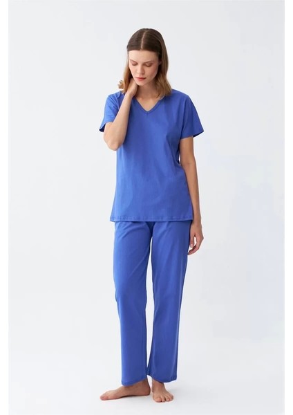 Kadın Kısa Kol Pamuk Penye Pijama Takım Saks