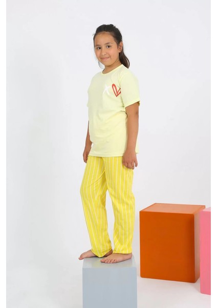 Kız Çocuk Kısa Kol Sarı Penye Pijama Takım