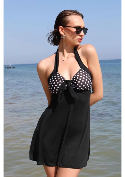 Kadın Likralı Şortlu Fiyonklu Elbise Mayo Siyah