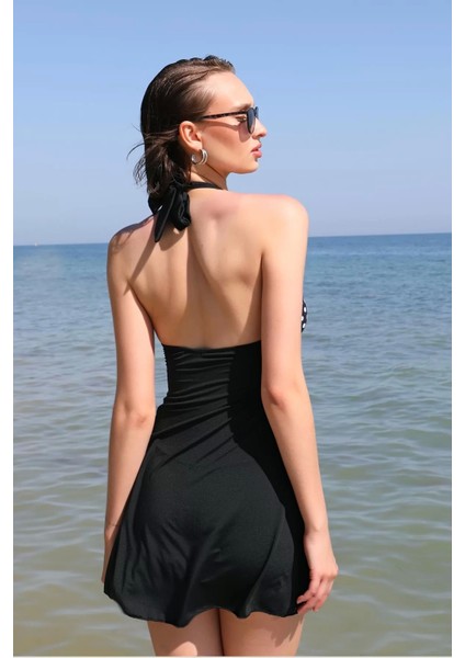 Kadın Likralı Şortlu Fiyonklu Elbise Mayo Siyah