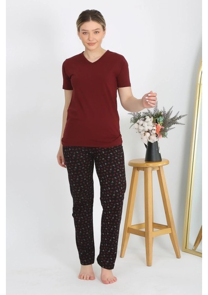 Kadın Kısa Kol Pamuk Penye Pijama Takım Bordo