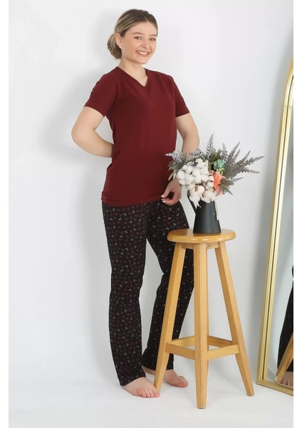 Kadın Kısa Kol Pamuk Penye Pijama Takım Bordo modelleri