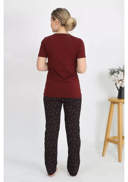 Kadın Kısa Kol Pamuk Penye Pijama Takım Bordo indirimleri