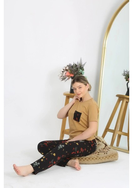 Kadın Kısa Kol Pamuk Penye Pijama Takım Hardal modelleri