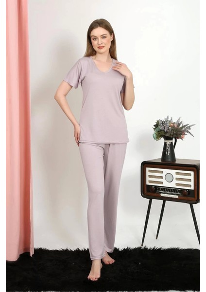 Kadın Kısa Kol Pamuk Penye Pijama Takım Pudra fırsatları