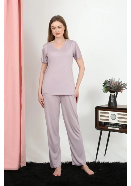 Kadın Kısa Kol Pamuk Penye Pijama Takım Pudra