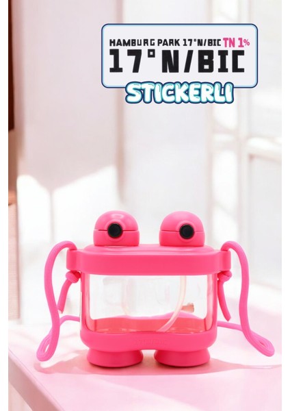 Sevimli Çocuk Suluğu, Pipetli, Çift Kapaklı, Boyun Askılı, 800 Ml, Pembe