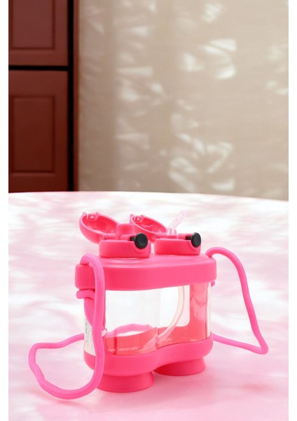 Sevimli Çocuk Suluğu, Pipetli, Çift Kapaklı, Boyun Askılı, 800 Ml, Pembe fırsatları