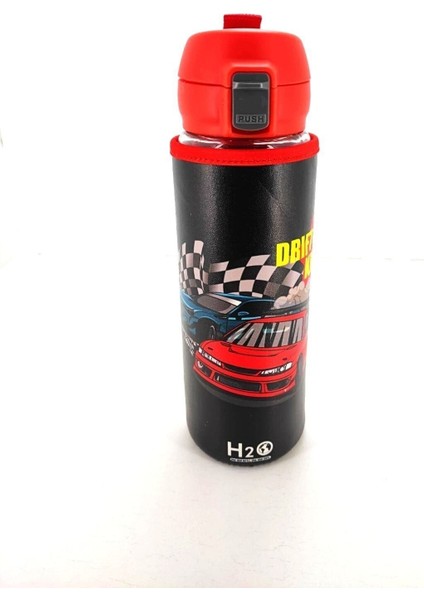 Şişe 500ML, Cam, Deri Kılıf, Kilitli, Siyah-Mavi, Araba, Okul, Su Matarası