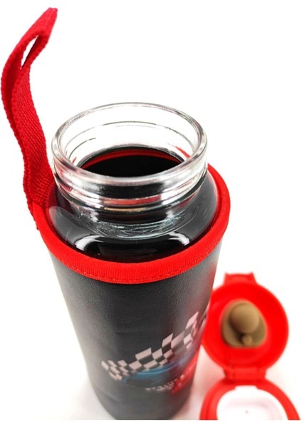 Şişe 500ML, Cam, Deri Kılıf, Kilitli, Siyah-Mavi, Araba, Okul, Su Matarası