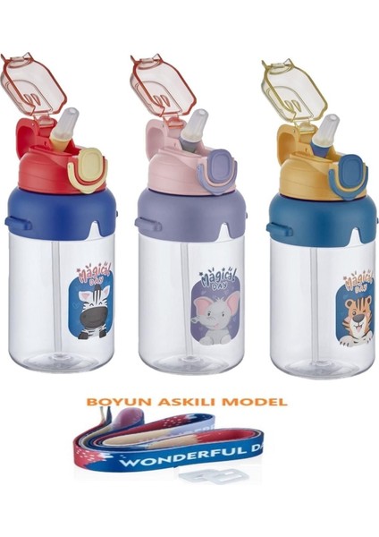 Kalın Pipetli Kapaklı 650 ml Su Matara, 3 Renkli, Boyun Askılı, Şık ve Pratik Tasarım fırsatları