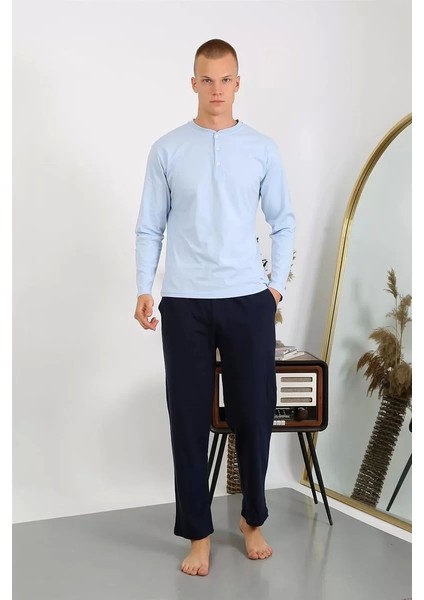 Erkek Penye Uzun Kol Pijama Takımı Buz Mavisi fiyatları