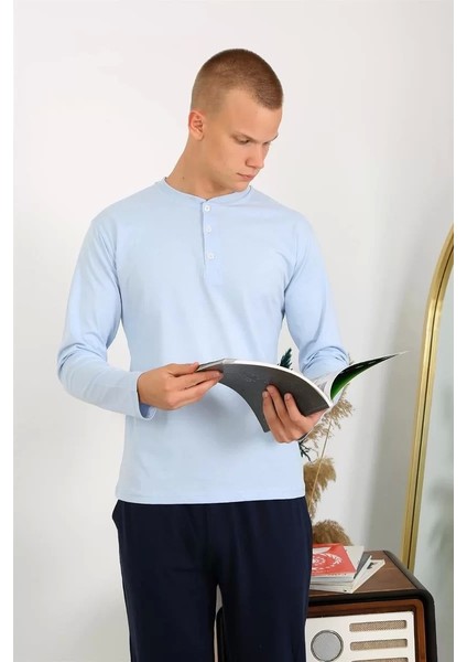 Erkek Penye Uzun Kol Pijama Takımı Buz Mavisi modelleri