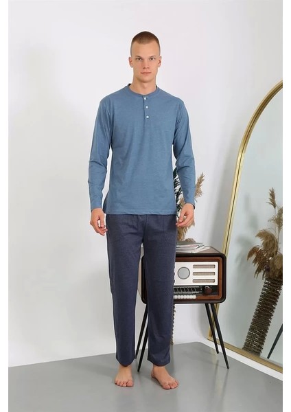 Erkek Penye Uzun Kol Pijama Takımı Indigo