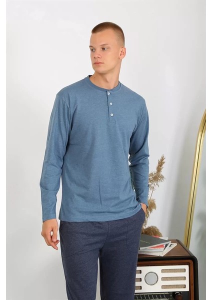 Erkek Penye Uzun Kol Pijama Takımı Indigo fırsatları