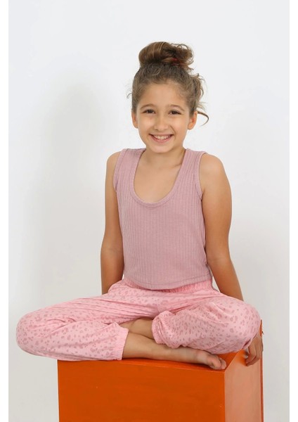 Kız Çocuk Sıfır Kol Gül Kurusu Penye Pijama Takım