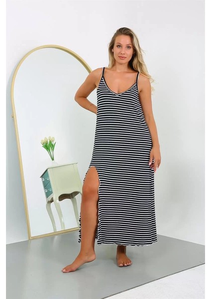 Kadın Büyük Beden Ip Askılı Pamuklu Uzun Gecelik