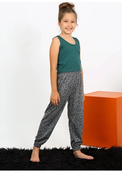 Kız Çocuk Sıfır Kol Zümrüt Yeşili Penye Pijama Takım